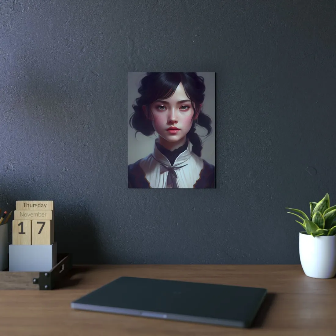 Realistic Black Haired Female Portrait in Dress - Metal Poster
