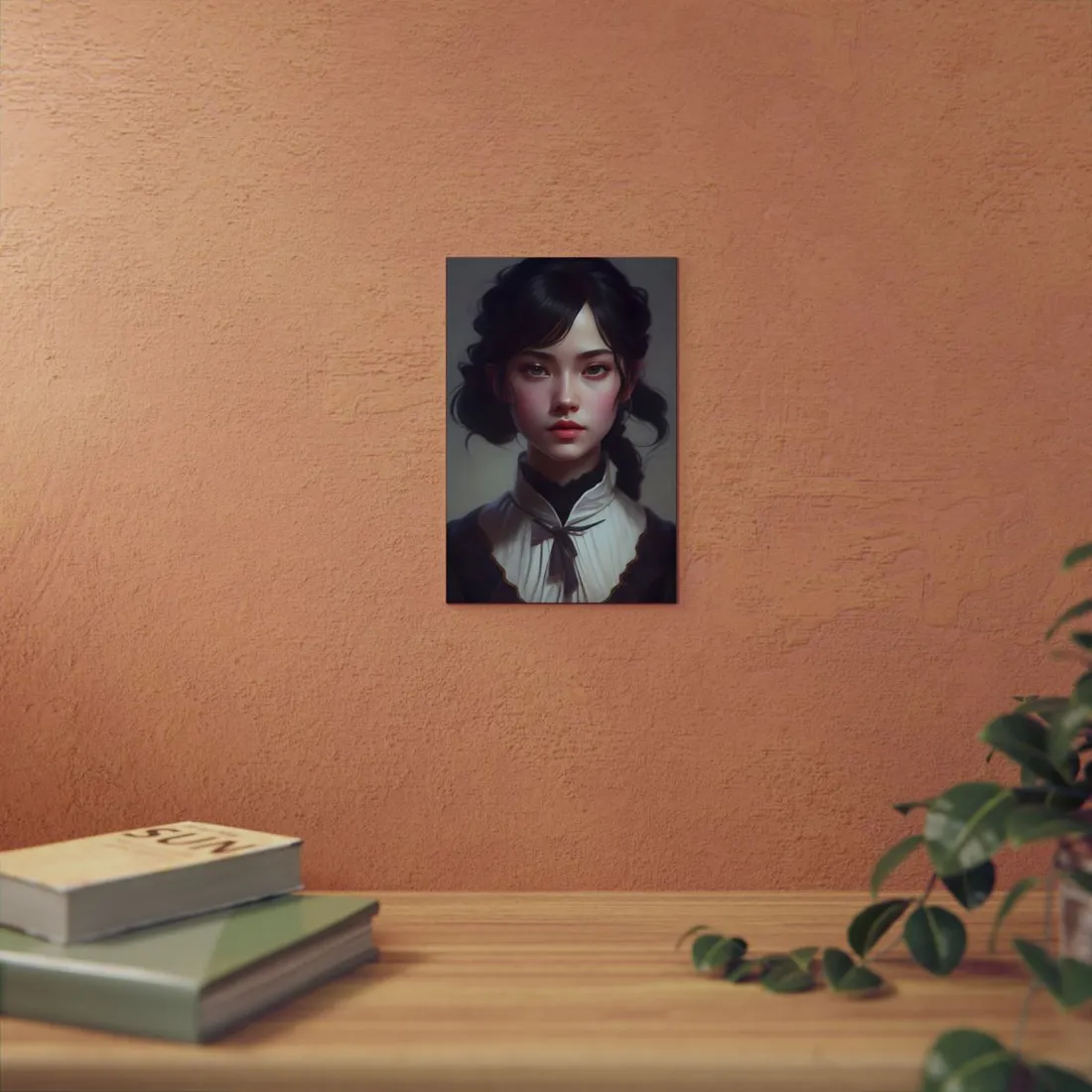 Realistic Black Haired Female Portrait in Dress - Metal Poster