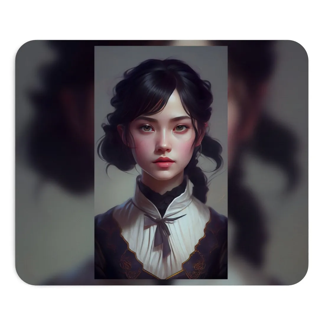 Realistic Black Haired Female Portrait in Dress - Mouse Pad