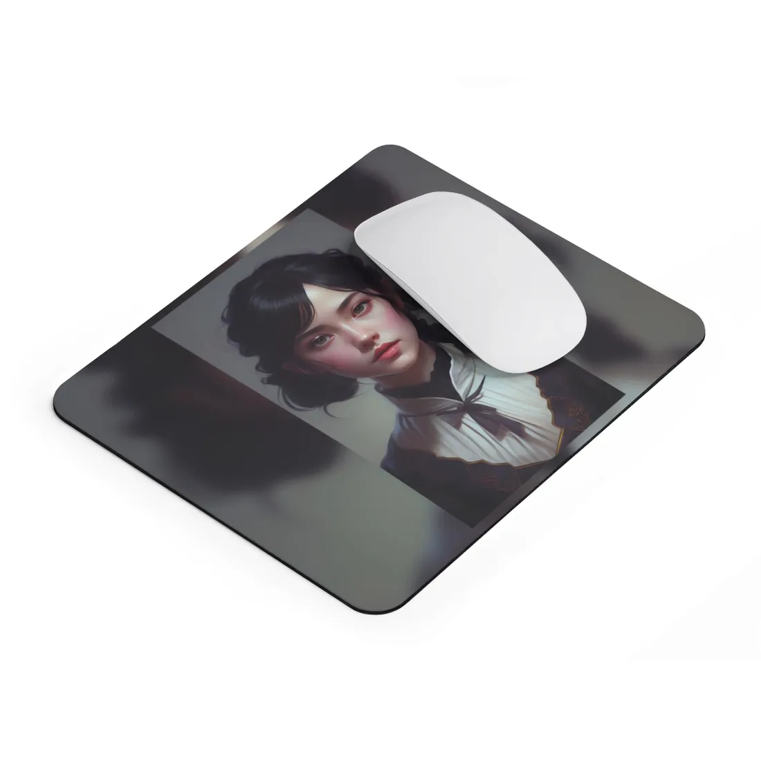 Realistic Black Haired Female Portrait in Dress - Mouse Pad