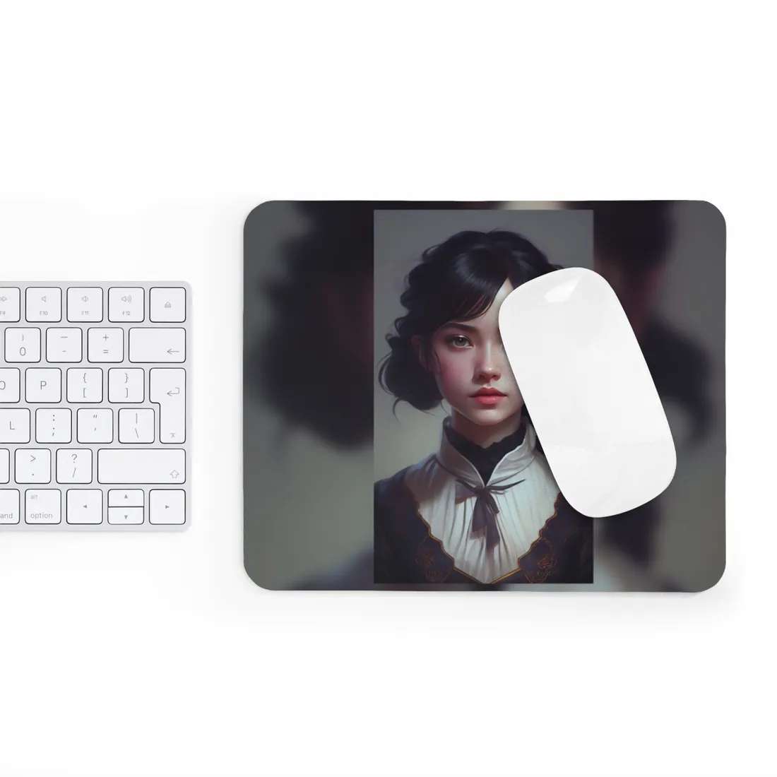 Realistic Black Haired Female Portrait in Dress - Mouse Pad