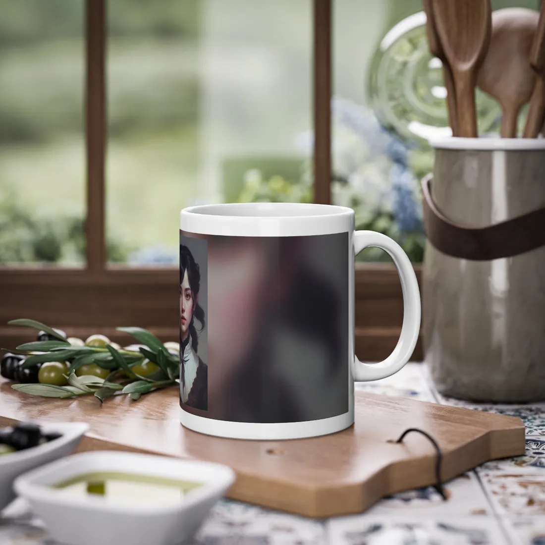 Realistic Black Haired Female Portrait in Dress - Mug
