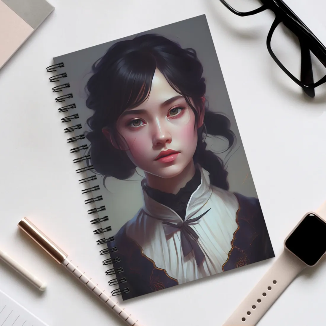 Realistic Black Haired Female Portrait in Dress - Spiral Notebook