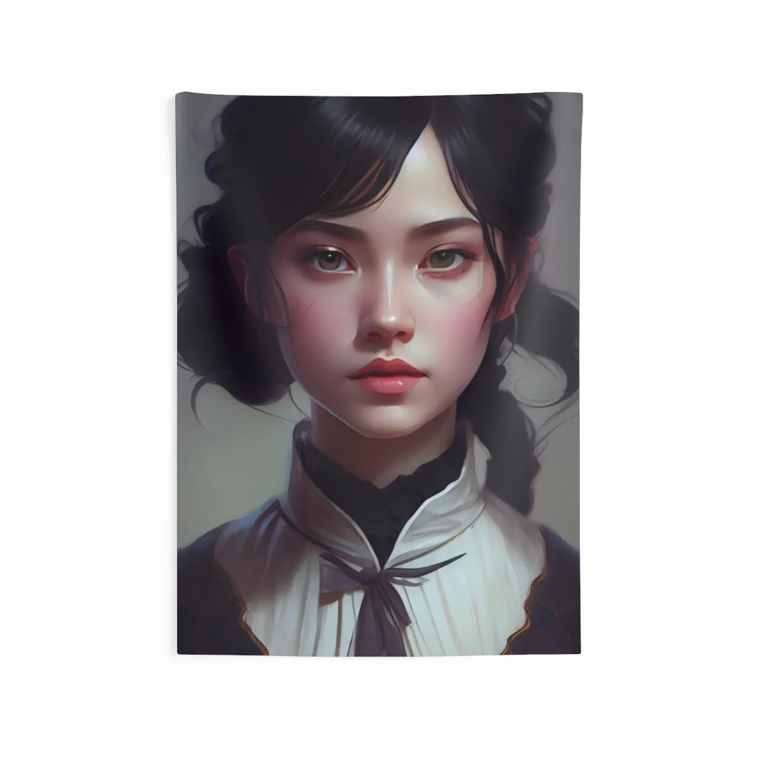Realistic Black Haired Female Portrait in Dress - Wall Tapestry