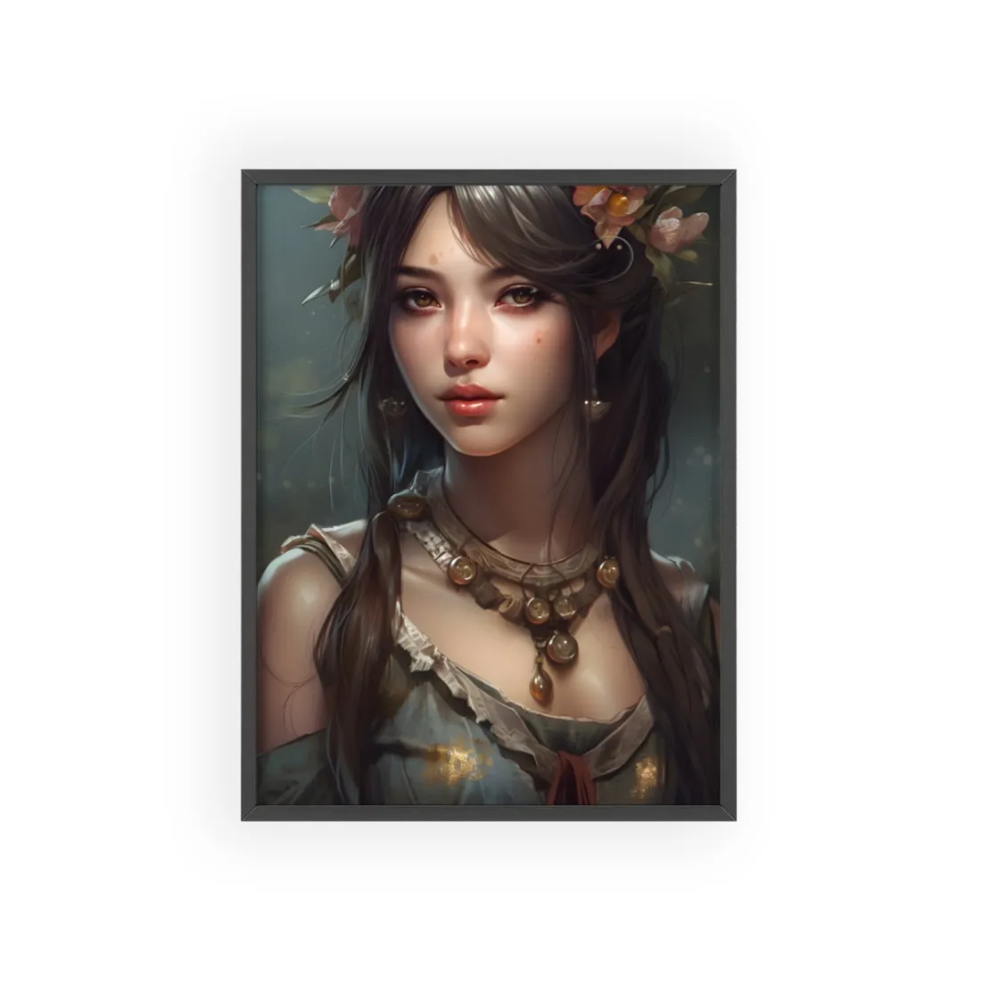 Realistic Female Portrait: Black Haired Beauty - Framed Poster