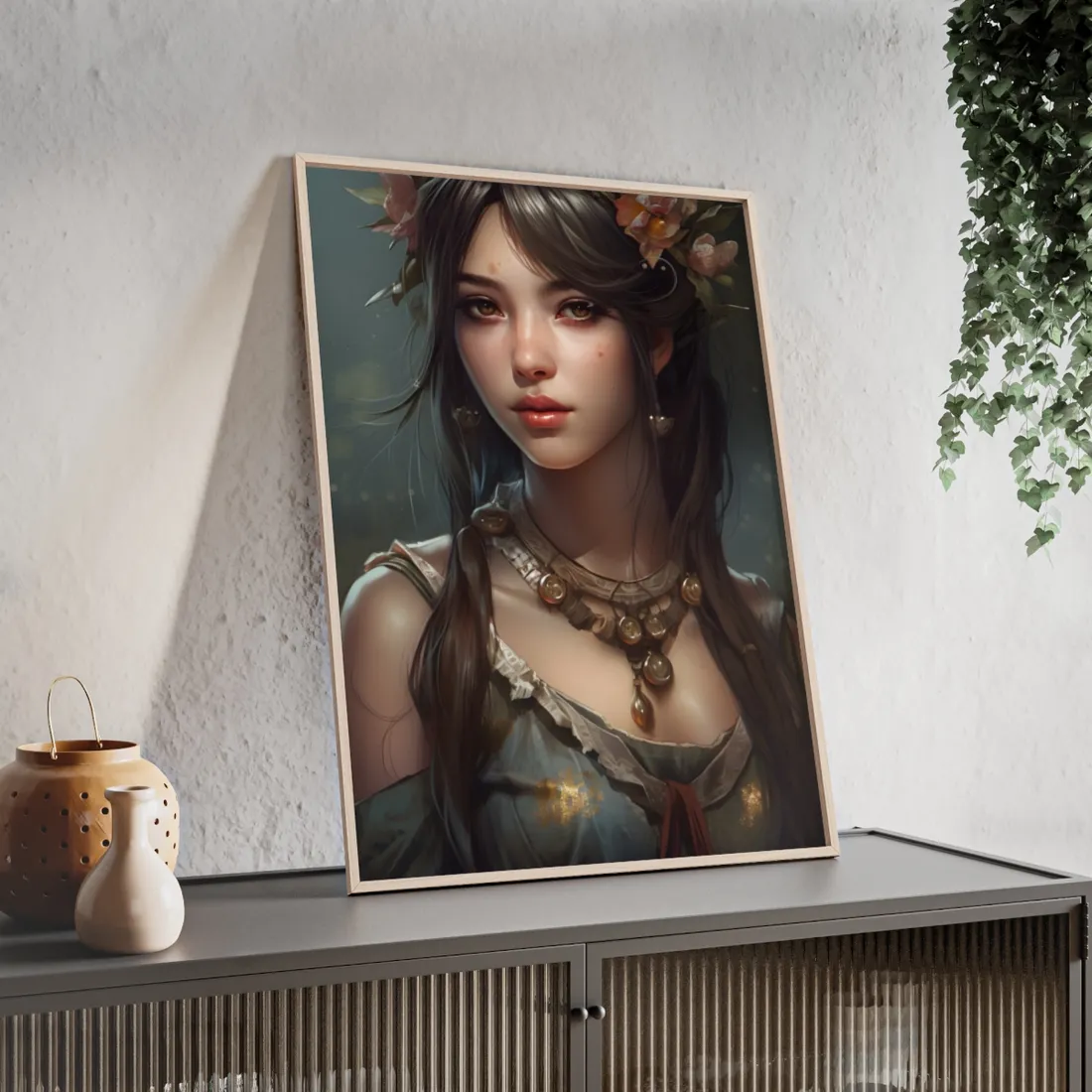 Realistic Female Portrait: Black Haired Beauty - Framed Poster
