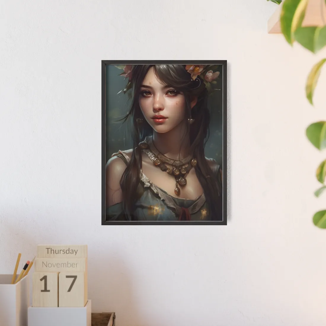 Realistic Female Portrait: Black Haired Beauty - Framed Poster