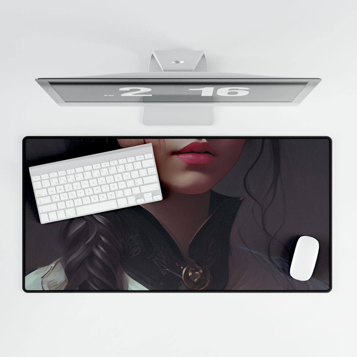 Realistic Female Portrait in Black Hair and Dress - Desk Mat