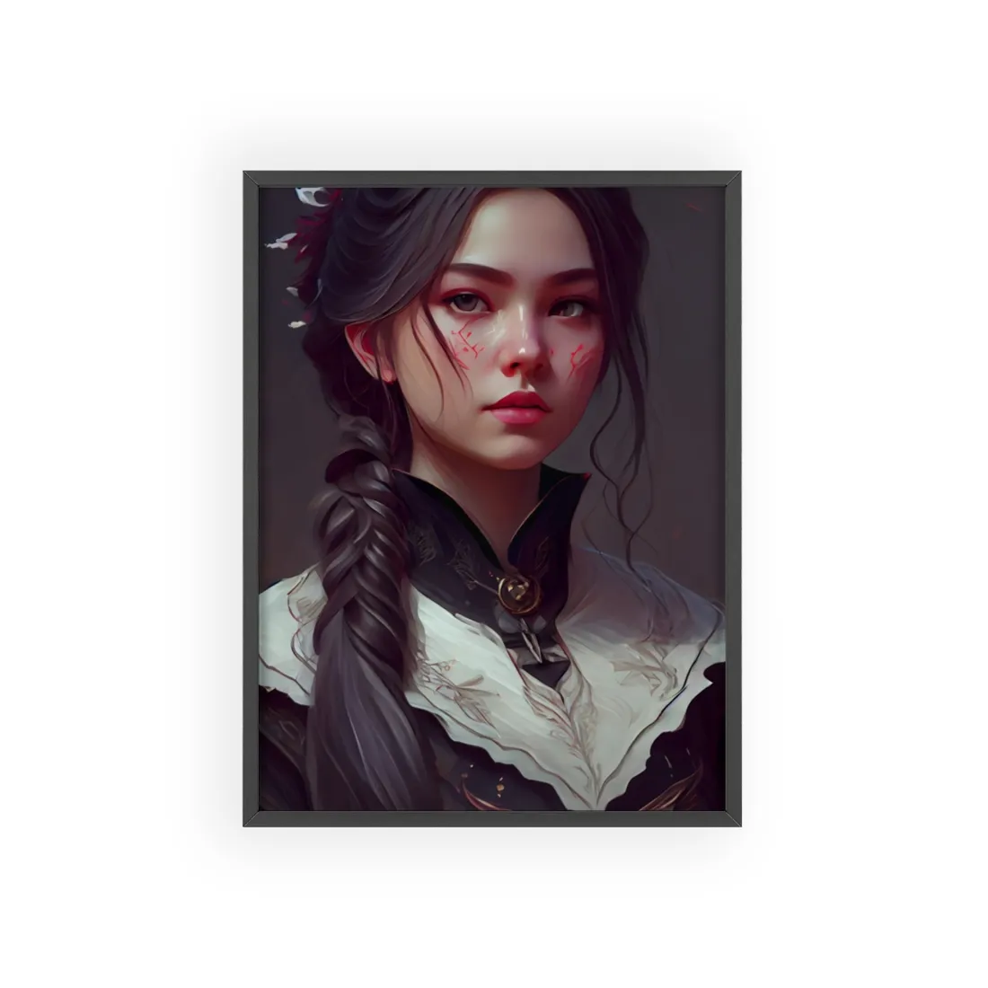 Realistic Female Portrait in Black Hair and Dress - Framed Poster