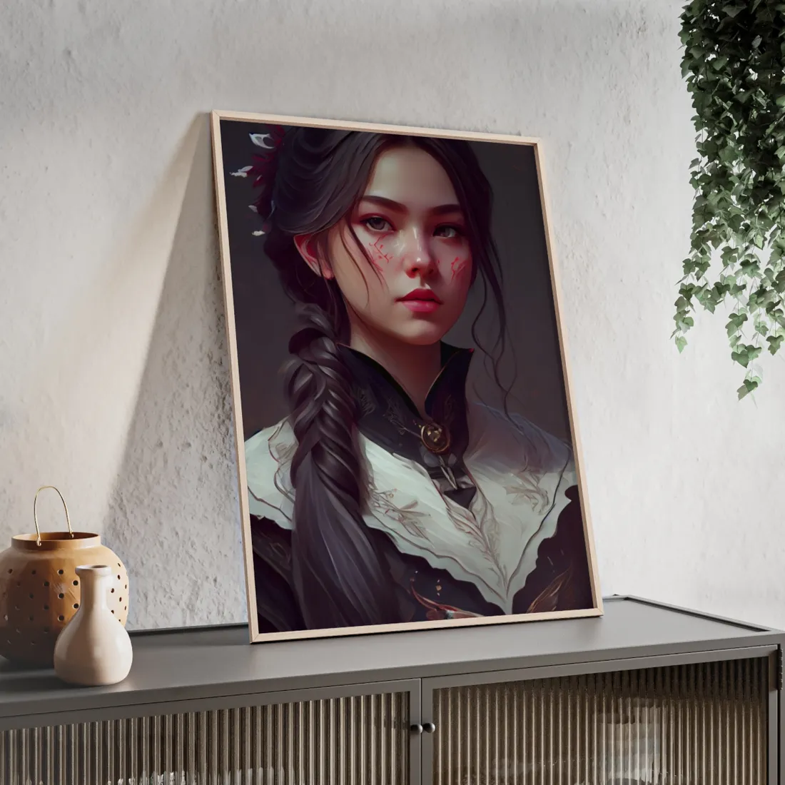 Realistic Female Portrait in Black Hair and Dress - Framed Poster