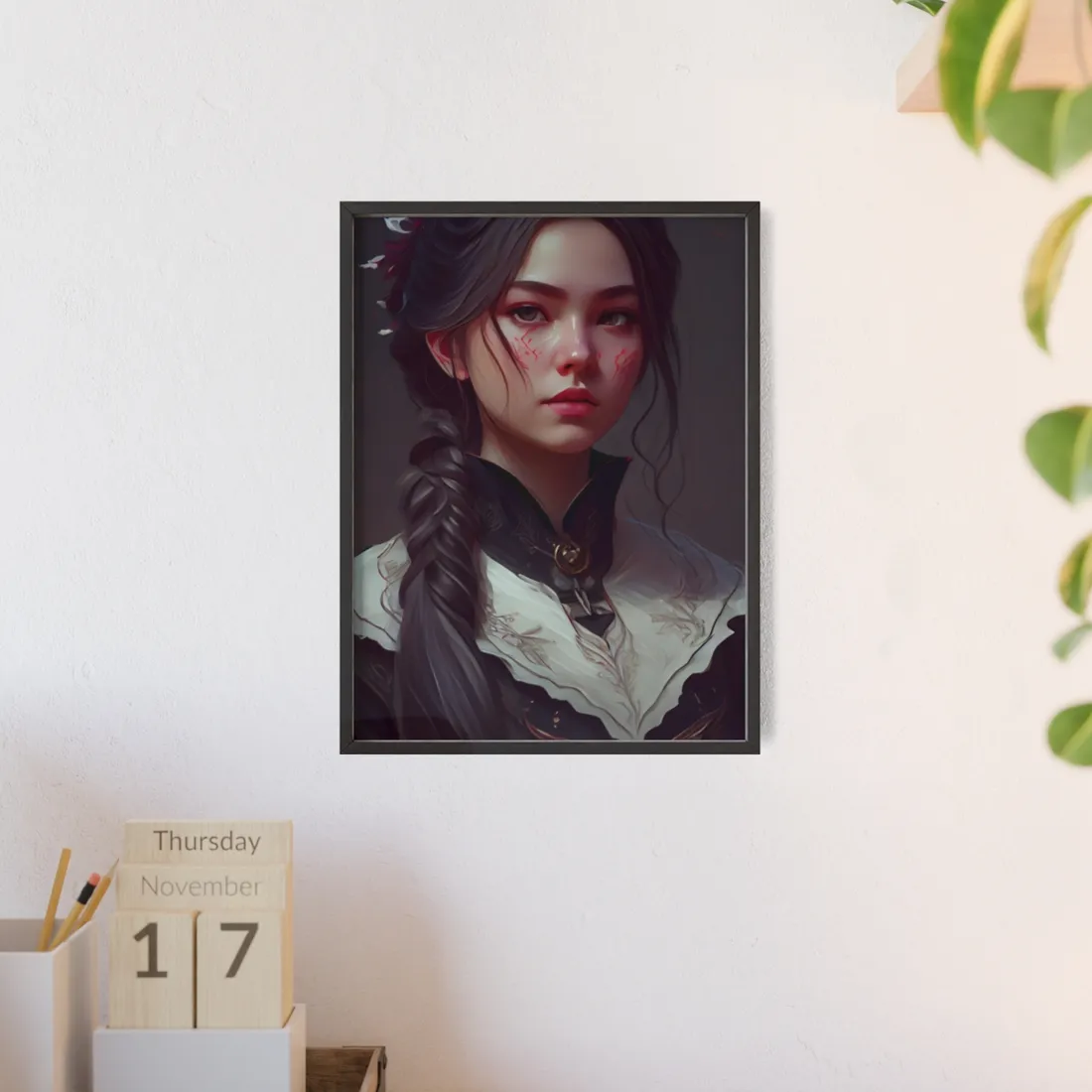 Realistic Female Portrait in Black Hair and Dress - Framed Poster