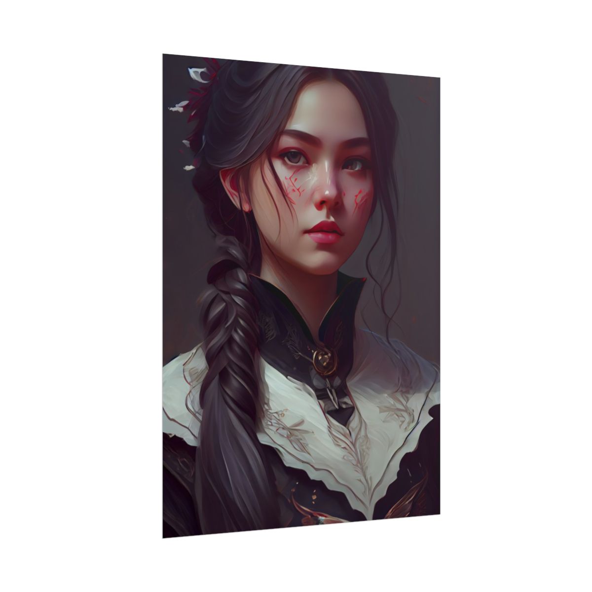 Realistic Female Portrait in Black Hair and Dress - Poster