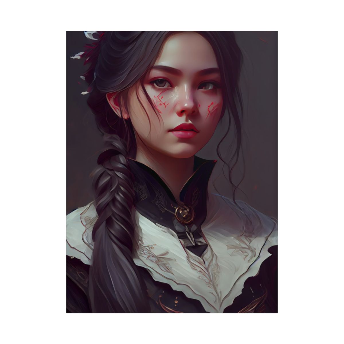 Realistic Female Portrait in Black Hair and Dress - Poster