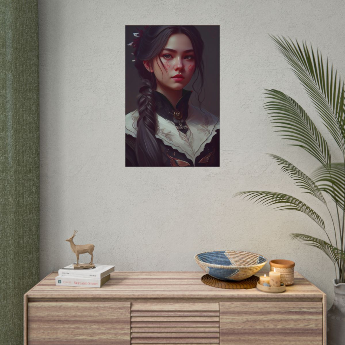 Realistic Female Portrait in Black Hair and Dress - Poster