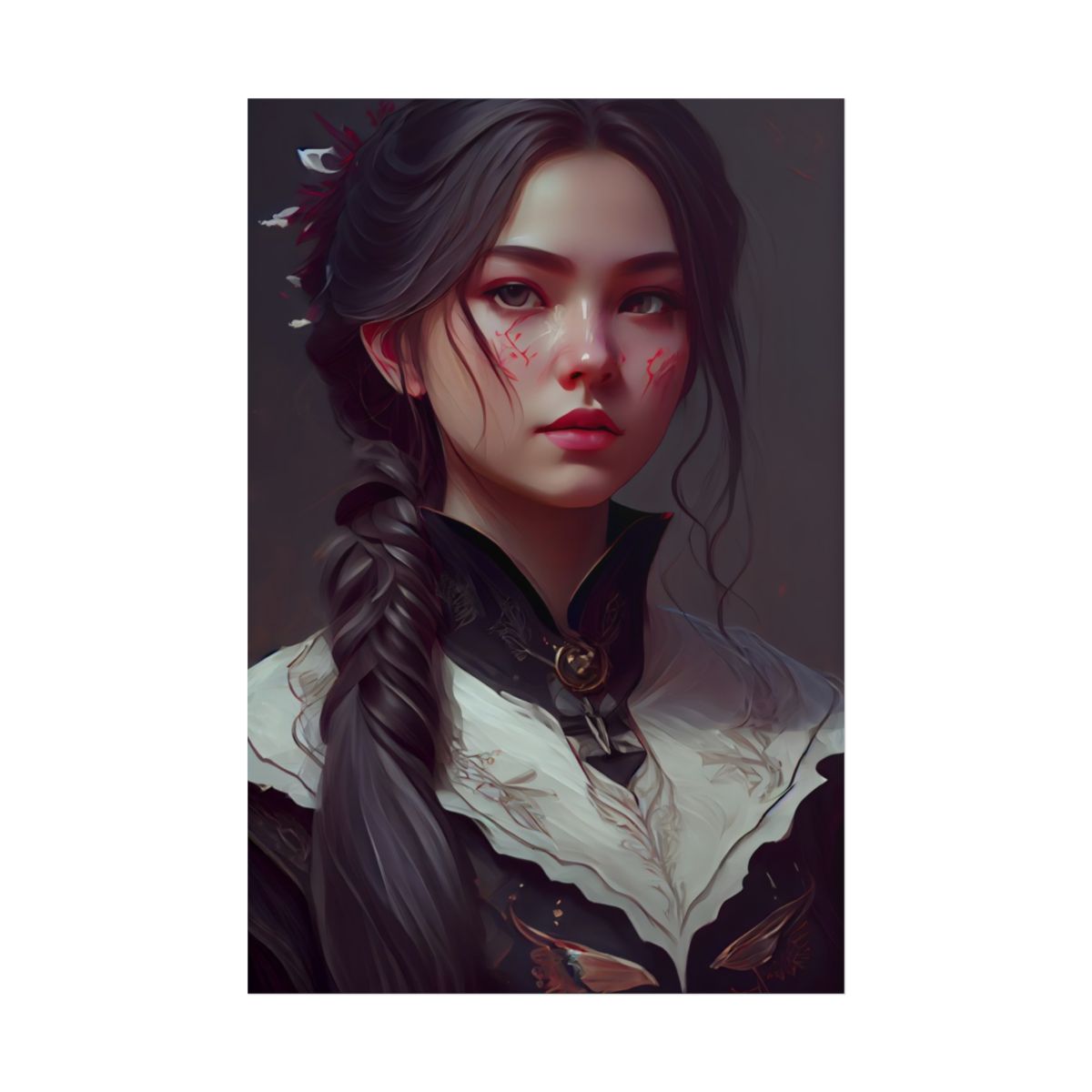 Realistic Female Portrait in Black Hair and Dress - Poster