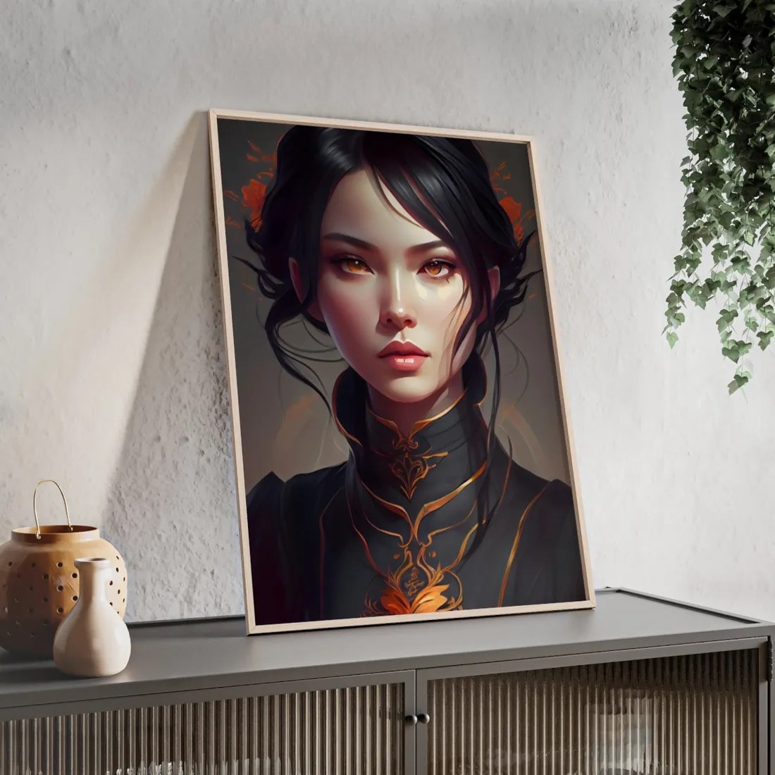 Realistic Female Portrait in Elegant Dress - Framed Poster