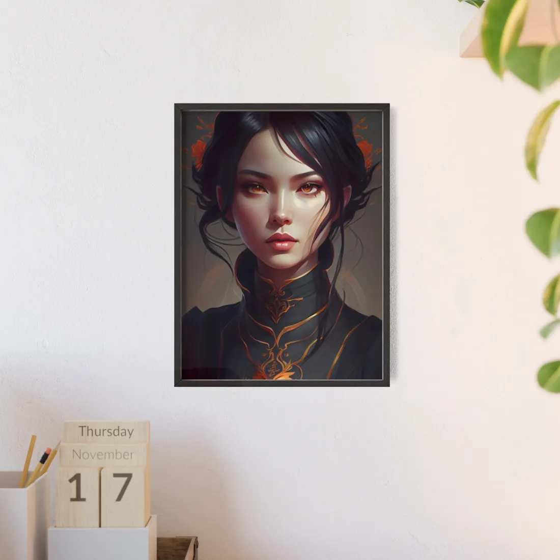 Realistic Female Portrait in Elegant Dress - Framed Poster