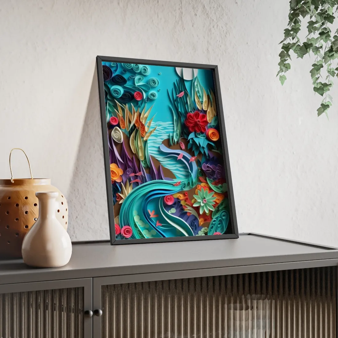 Realistic Paper Quilling Beach Landscape - Framed Poster