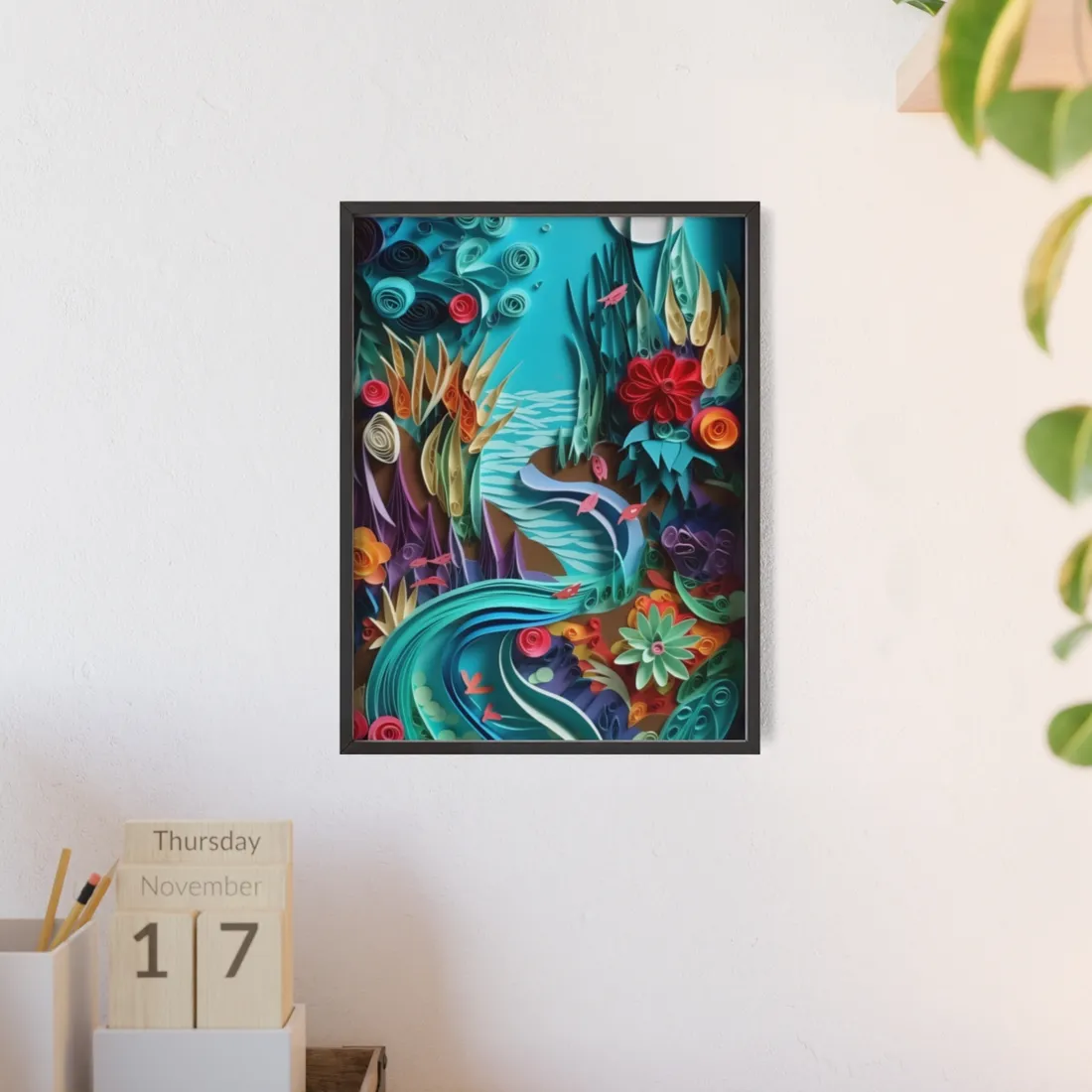 Realistic Paper Quilling Beach Landscape - Framed Poster