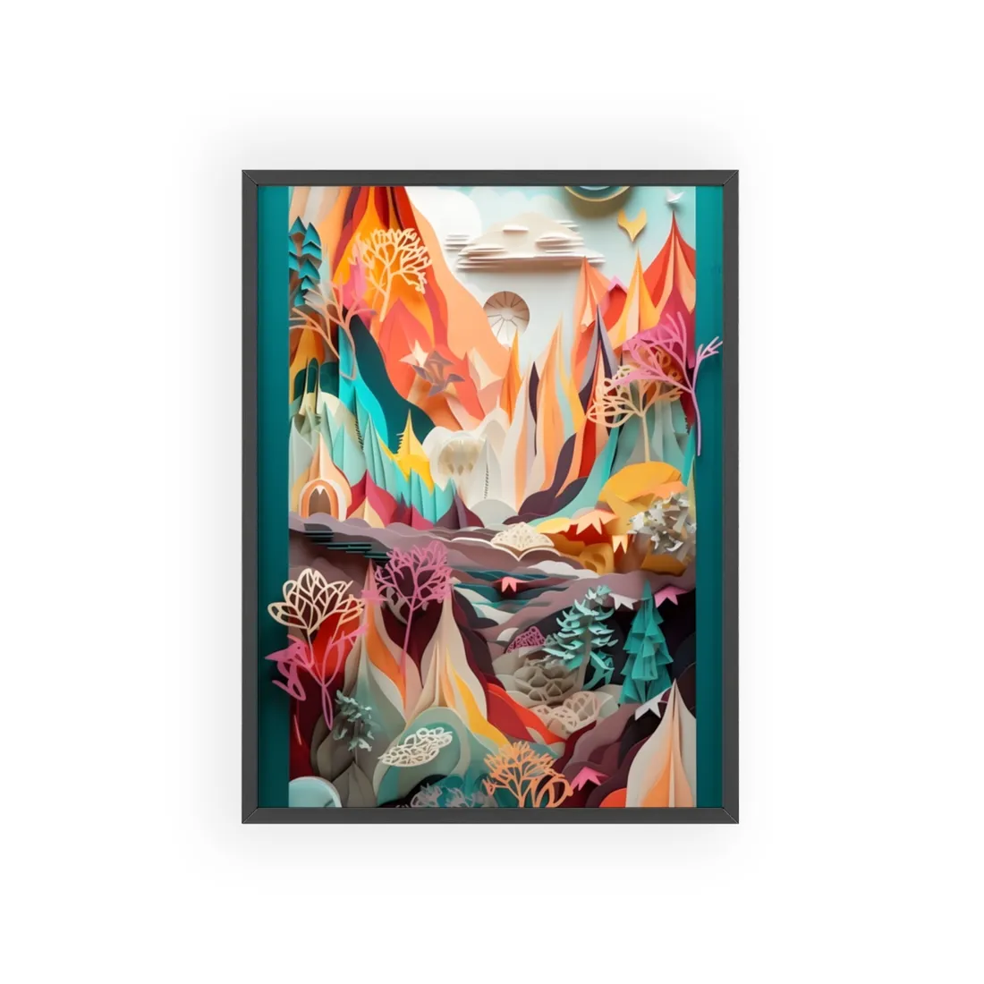 Realistic Paper Quilling Island Landscape: Green and Blue Natural Art - Framed Poster