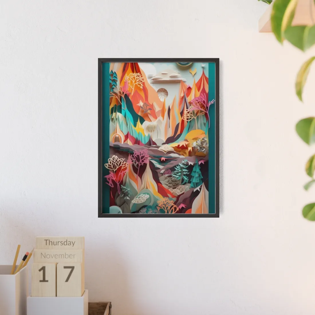 Realistic Paper Quilling Island Landscape: Green and Blue Natural Art - Framed Poster