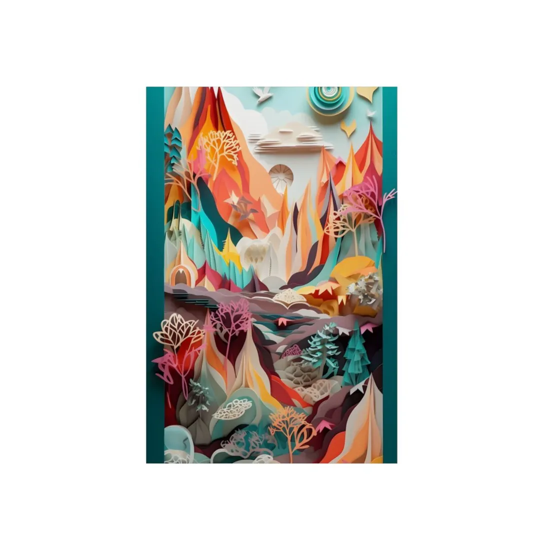 Realistic Paper Quilling Island Landscape: Green and Blue Natural Art - Metal Poster