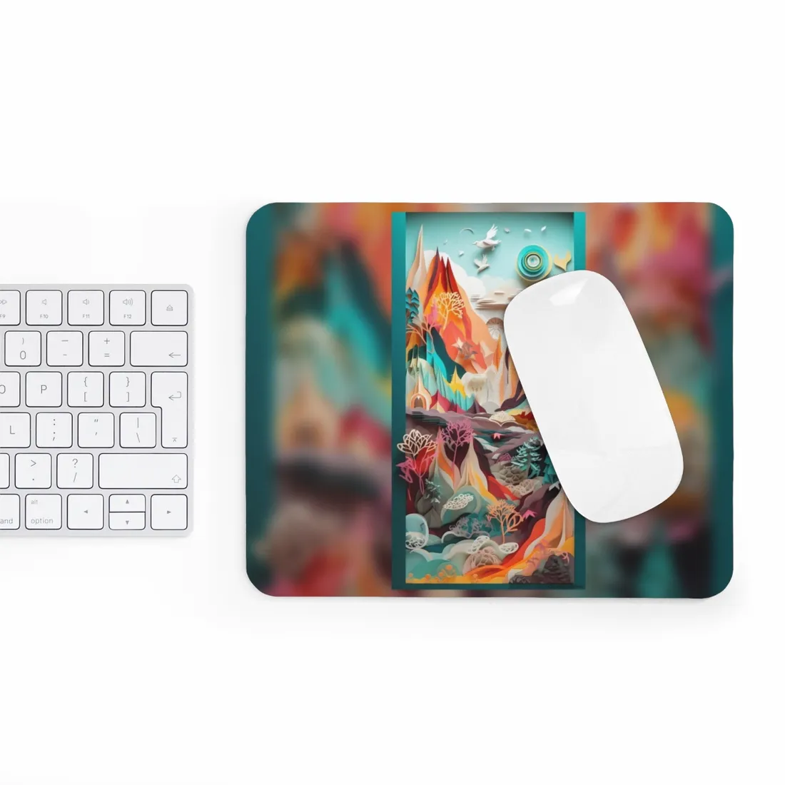 Realistic Paper Quilling Island Landscape: Green and Blue Natural Art - Mouse Pad