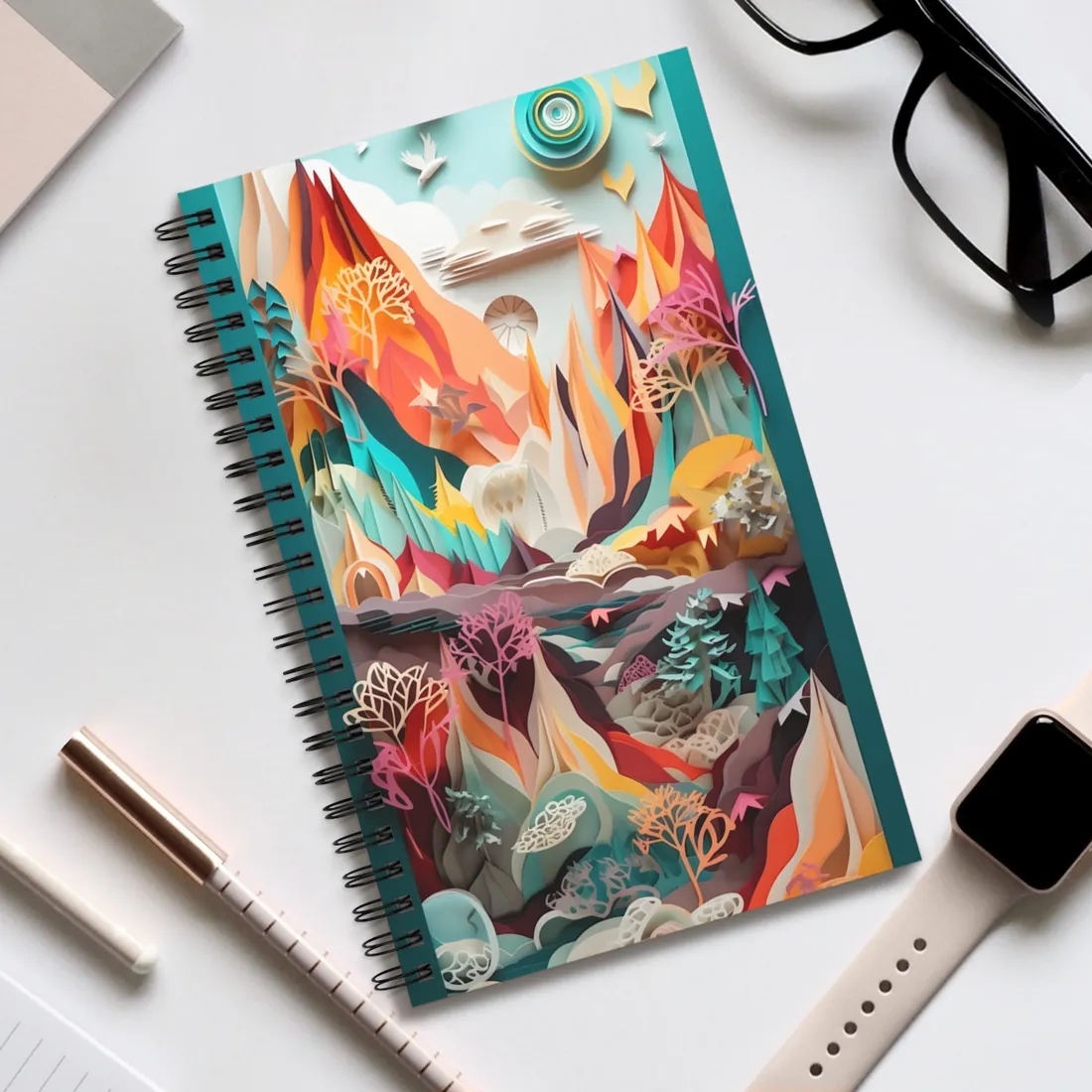 Realistic Paper Quilling Island Landscape: Green and Blue Natural Art - Spiral Notebook