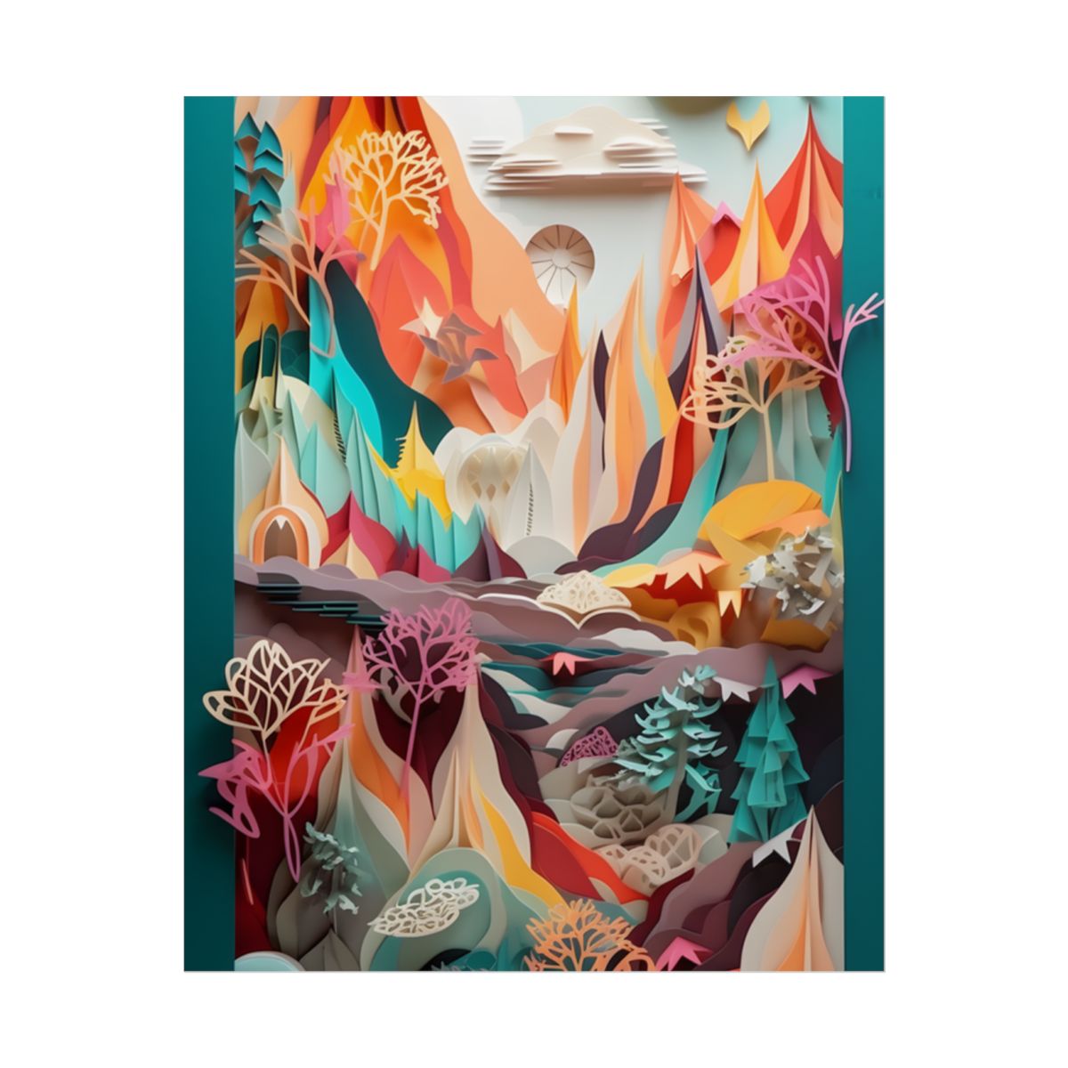 Realistic Paper Quilling Island Landscape: Green and Blue Natural Art - Poster