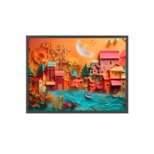 Paper-Cut Village by a River Framed Poster