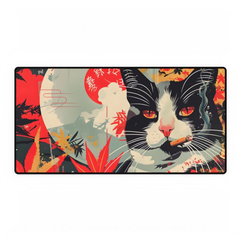 Realistic Tabby Cat with Cigarette: Unconventional Feline Fun - Desk Mat