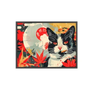 Smoking Cat with Maple Leaves Framed Poster
