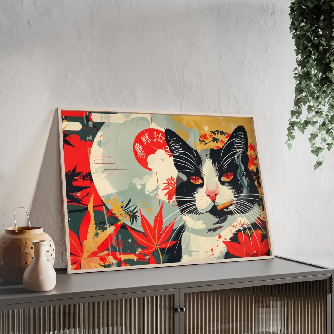 Realistic Tabby Cat with Cigarette: Unconventional Feline Fun - Framed Poster