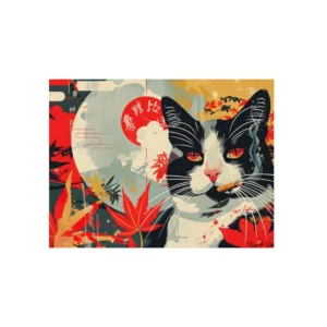 Smoking Cat with Maple Leaves Metal Poster