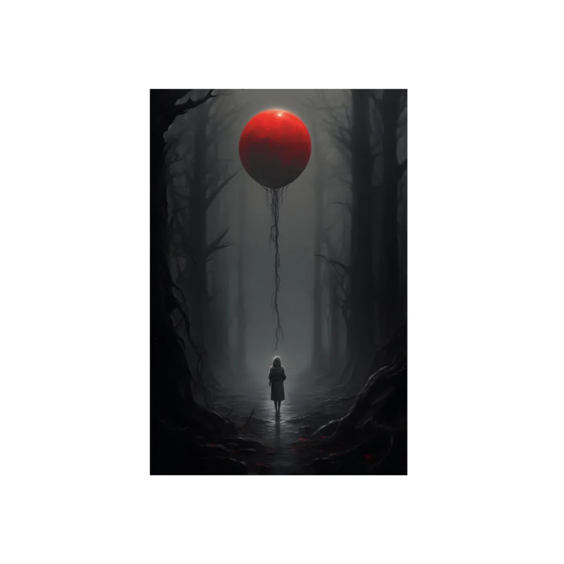Red Balloon in the Dark Forest: Mysterious Fantasy Scene - Metal Poster