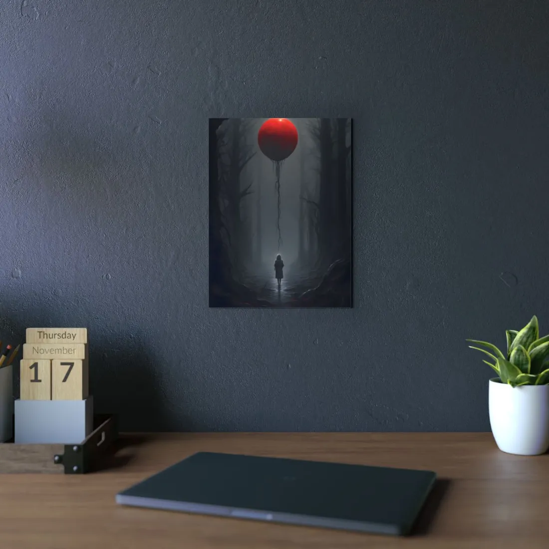 Red Balloon in the Dark Forest: Mysterious Fantasy Scene - Metal Poster