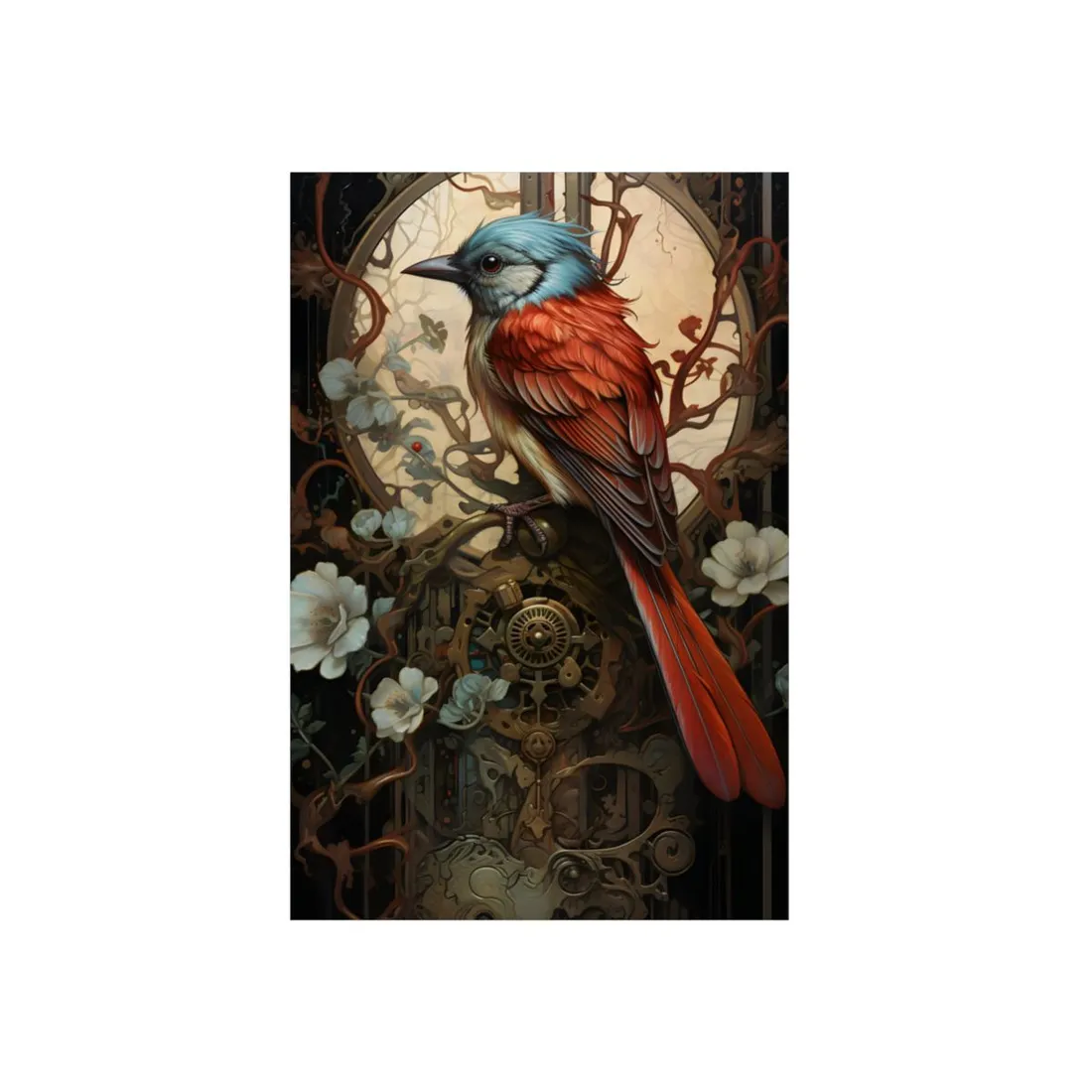 Red Bird Close-Up: Floral Nature - Metal Poster