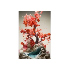 Red Blossom Tree on Rocks Metal Poster