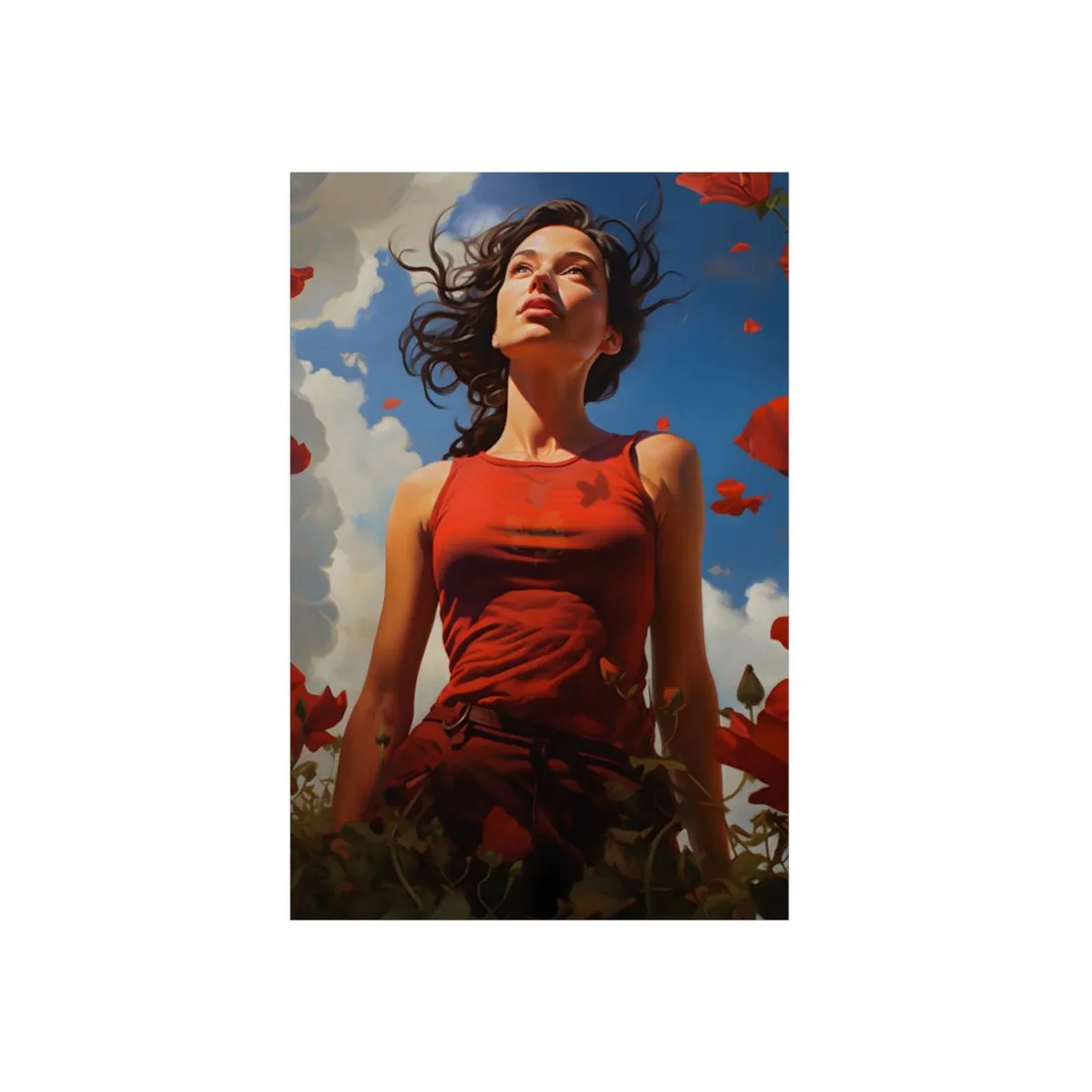 Red Blossom Wind: Woman Against a Blue Sky - Metal Poster