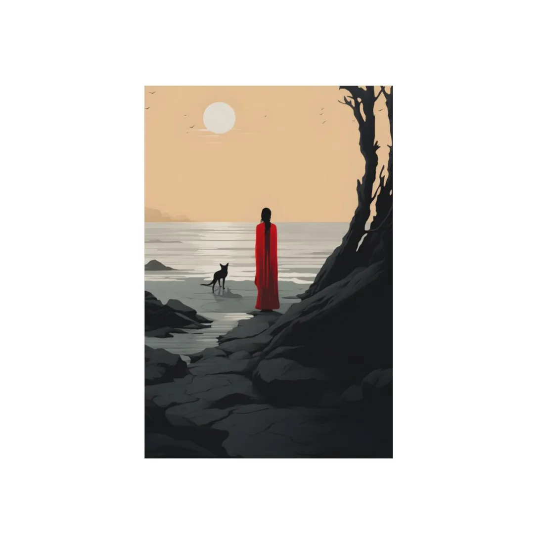 Red Cloak on the Shore: Sunset Beach Scene with a Fox - Metal Poster