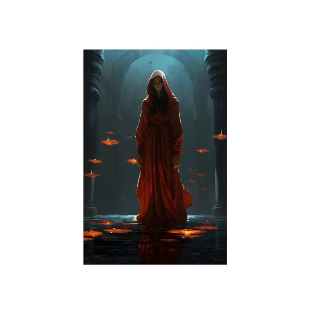Red-Cloaked Figure Among Floating Fish: Mystical Temple Scene - Metal Poster