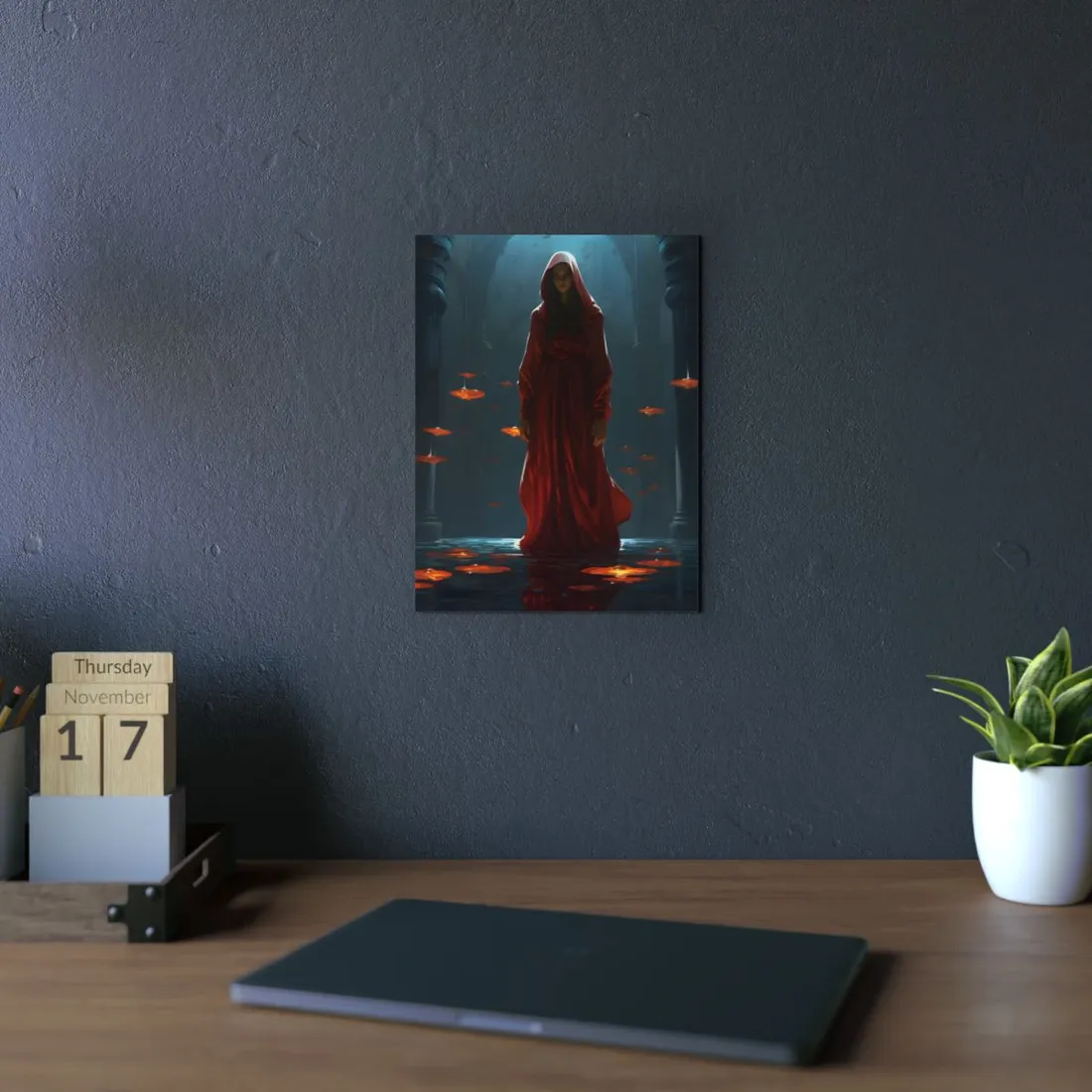 Red-Cloaked Figure Among Floating Fish: Mystical Temple Scene - Metal Poster
