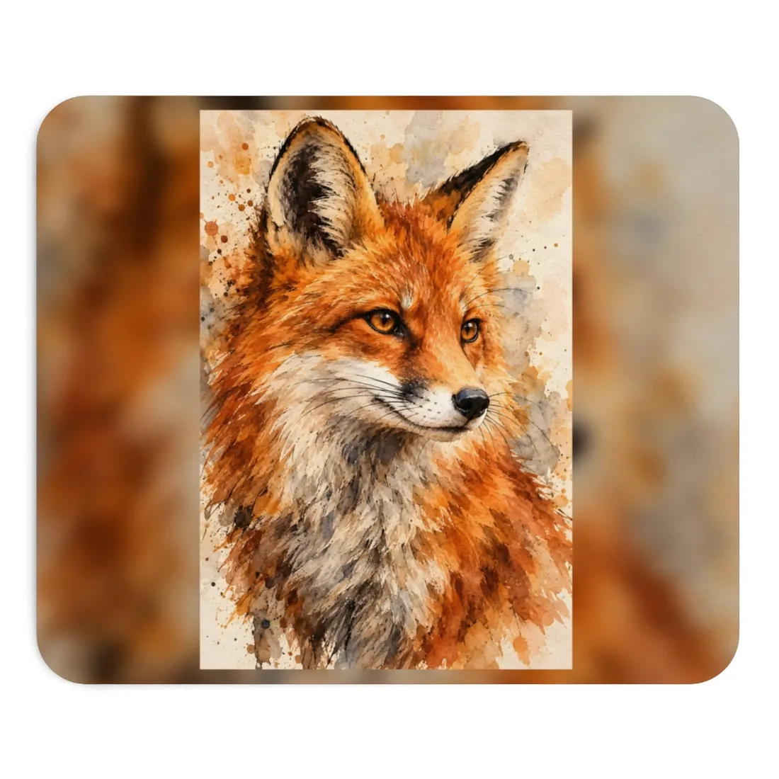 Watercolor fox portrait with amber eyes, cream muzzle, and splattered beige background – Mouse Pad, view 1