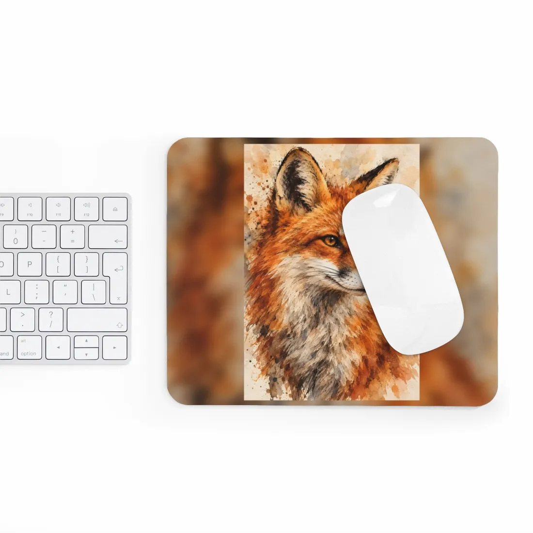 Watercolor fox portrait with amber eyes, cream muzzle, and splattered beige background – Mouse Pad, view 3