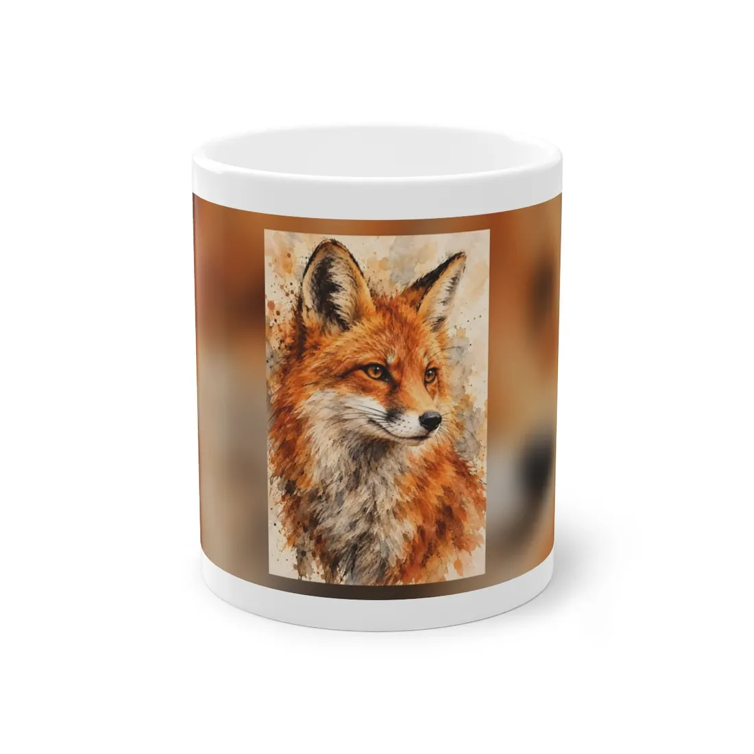 Watercolor fox portrait with amber eyes, cream muzzle, and splattered beige background – Mug, view 1