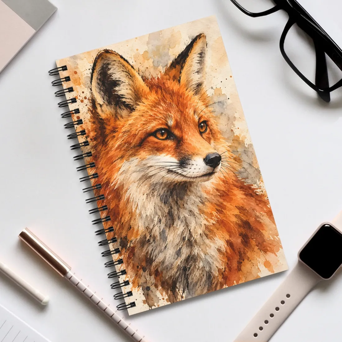 Watercolor fox portrait with amber eyes, cream muzzle, and splattered beige background – Spiral Notebook, view 2