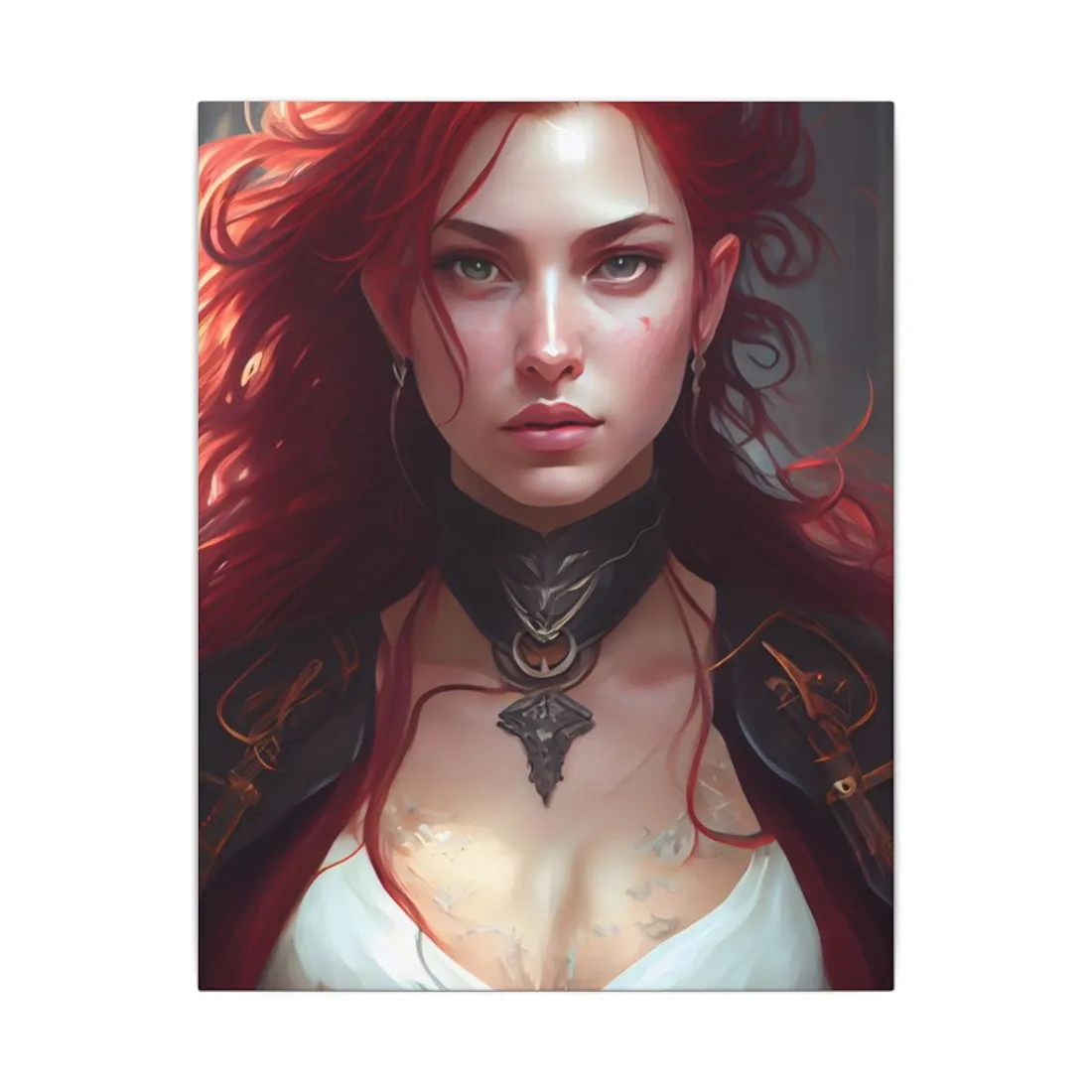 Red Hair Beauty: Elegant Woman in Black - Canvas