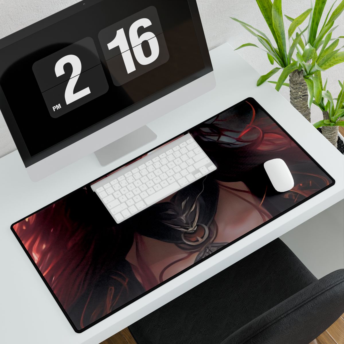 Red Hair Beauty: Elegant Woman in Black - Desk Mat