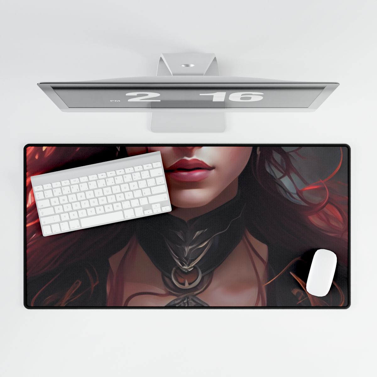 Red Hair Beauty: Elegant Woman in Black - Desk Mat