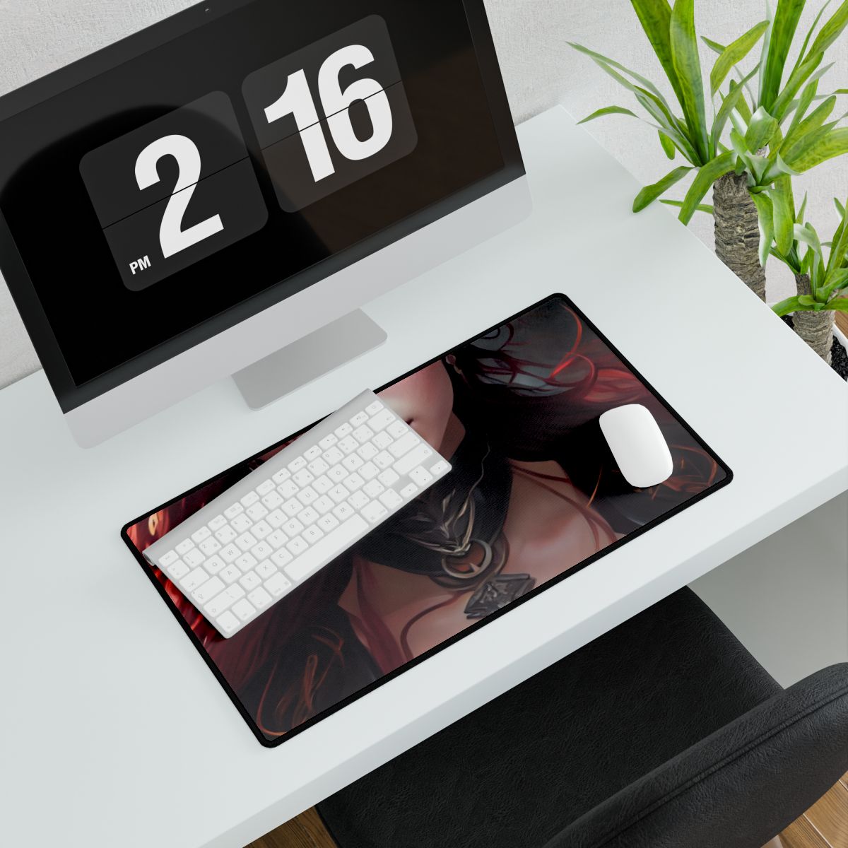 Red Hair Beauty: Elegant Woman in Black - Desk Mat